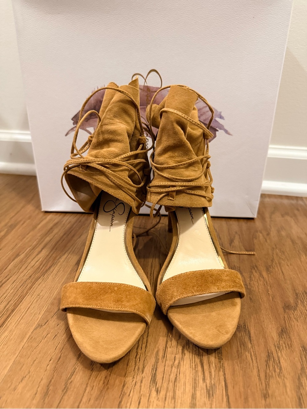 Jessica Simpson Suede Lace-Up Ankle Wrap Sandals - Tan